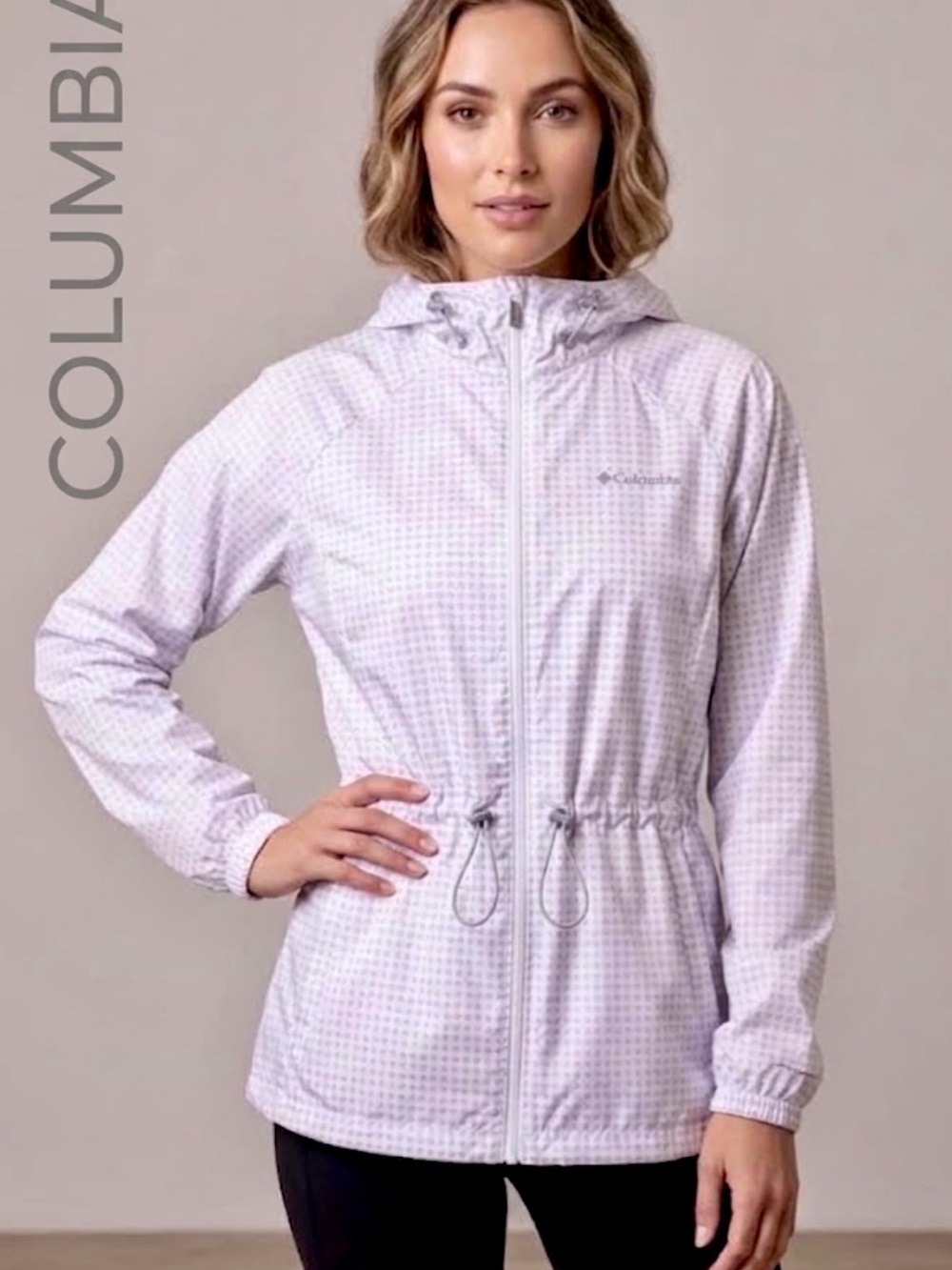 Columbia Women’s White Printed Hooded Windbreaker Jacket Cinch Waist Medium